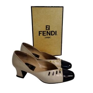 Fendi Chunky Heels Size 7.5 Leather Black & Cream In Box Quiet Luxury Old Money